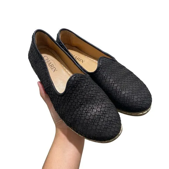 Charix Wild Black Leather Slip On Flats Loafer Shoes Women's Size 8