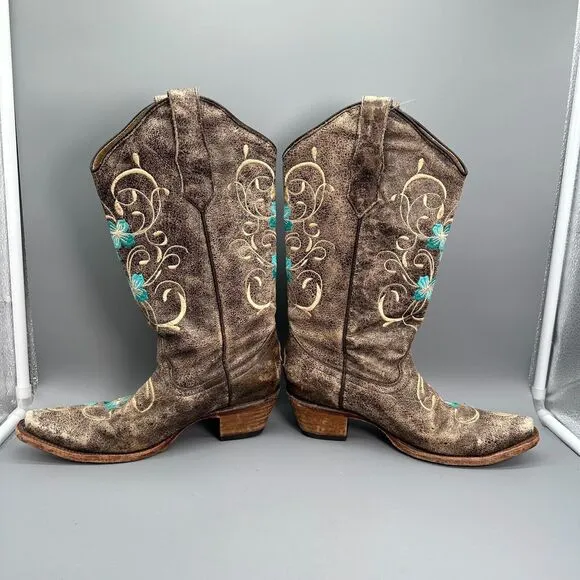 Circle G Women's 7.5 Brown Cowhide Floral Western Boots Mid-Calf Pull On Cowboy