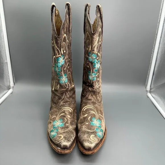 Circle G Women's 7.5 Brown Cowhide Floral Western Boots Mid-Calf Pull On Cowboy