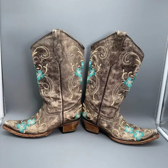 Circle G Women's 7.5 Brown Cowhide Floral Western Boots Mid-Calf Pull On Cowboy