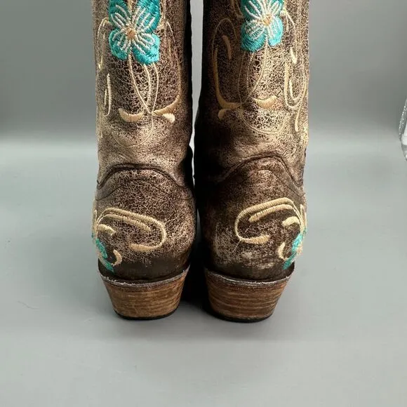Circle G Women's 7.5 Brown Cowhide Floral Western Boots Mid-Calf Pull On Cowboy