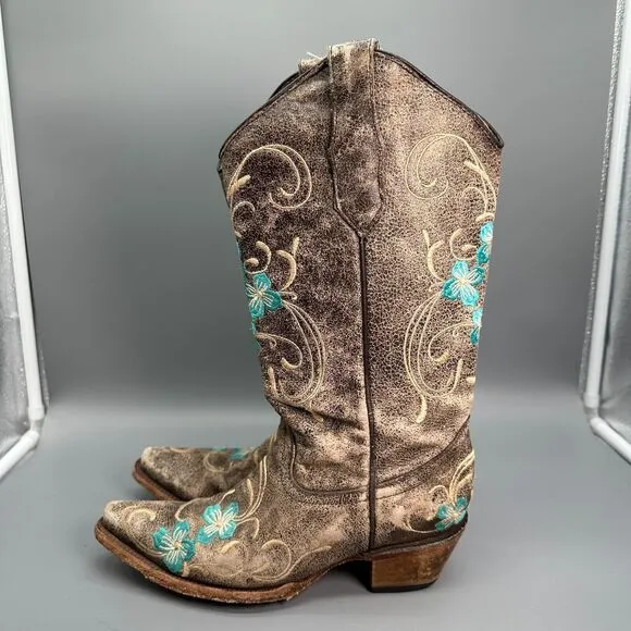 Circle G Women's 7.5 Brown Cowhide Floral Western Boots Mid-Calf Pull On Cowboy