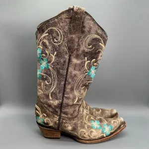 Circle G Women's 7.5 Brown Cowhide Floral Western Boots Mid-Calf Pull On Cowboy