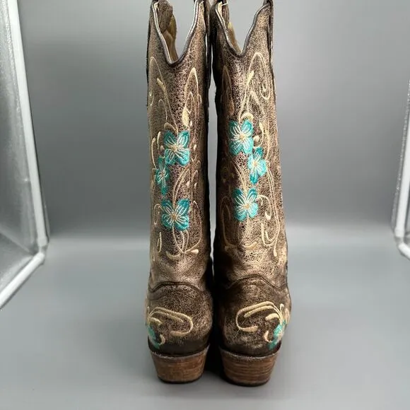 Circle G Women's 7.5 Brown Cowhide Floral Western Boots Mid-Calf Pull On Cowboy