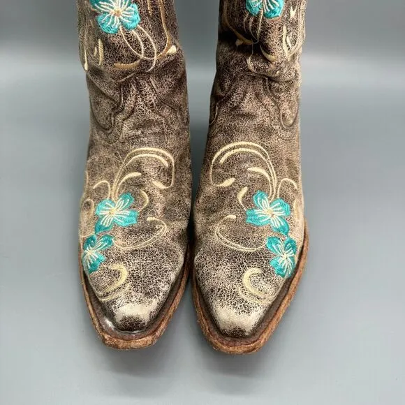 Circle G Women's 7.5 Brown Cowhide Floral Western Boots Mid-Calf Pull On Cowboy