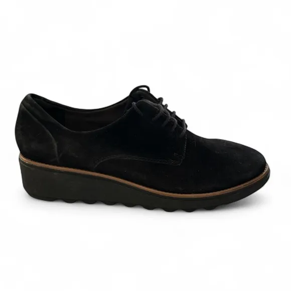 Clarks Black Suede Oxford Platform Lace-Up Shoes Ultimate Comfort Size 11M