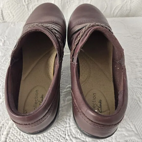 Clarks Womens Cora Braid Straps Maroon Red Leather Clogs Shoes 7