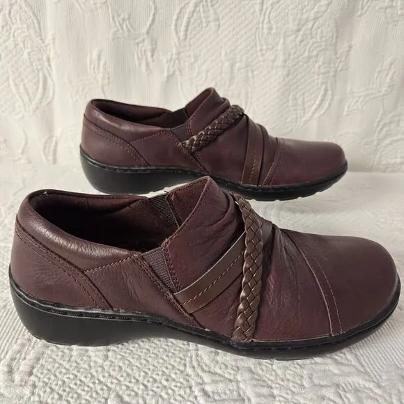 Clarks Womens Cora Braid Straps Maroon Red Leather Clogs Shoes 7