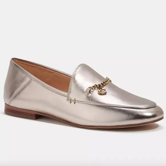Coach Hanna Loafer Champagne and Gold Metallic Leather Shoes Size 8.5