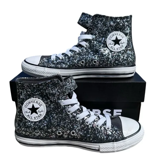 Converse Shinefetti Glitter black high top shoes easy on NWT girls 3