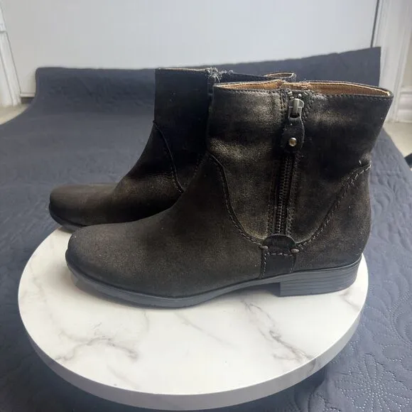 Earthies Sintra Rock SZ 7.5 Gold Suede Leather Chelsea Boots w/Decoupage Box