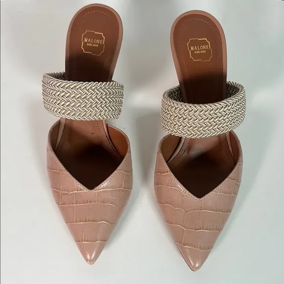 Elegant Tan Heeled Mules MALONE SOULIERSMaisie Linen Strap Mules