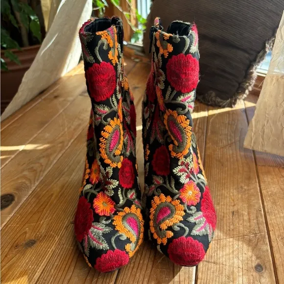 Embroidered Floral Ankle Boots - Black, Red, Orange