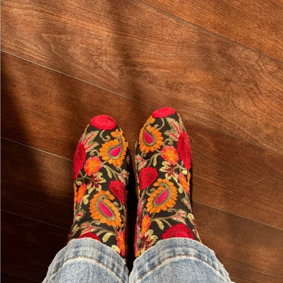Embroidered Floral Ankle Boots - Black, Red, Orange