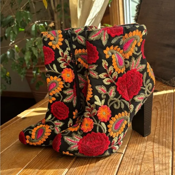 Embroidered Floral Ankle Boots - Black, Red, Orange