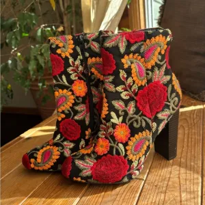 Embroidered Floral Ankle Boots - Black, Red, Orange