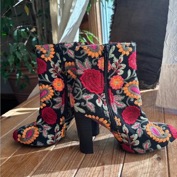 Embroidered Floral Ankle Boots - Black, Red, Orange