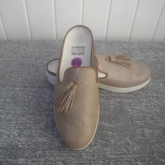 Fitflop Houndstooth Print  Superskate Brown Tasseled Round Toe Slip On Mule Size