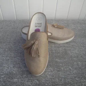Fitflop Houndstooth Print  Superskate Brown Tasseled Round Toe Slip On Mule Size
