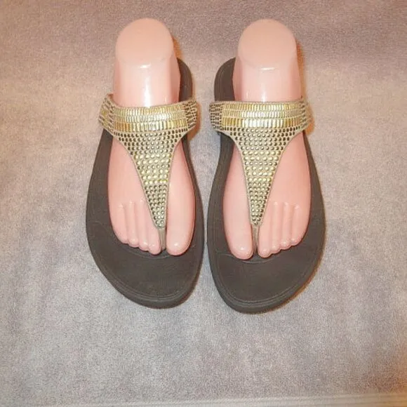 FitFlop LULU Aztek Chada TOE POST Sandals Size 10 LEATHER Thong CUSHIONED Studs