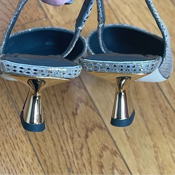 Franco Sarto Women's Devin Pointed Toe Kitten Heel Slingback Pump Gold Sz 7