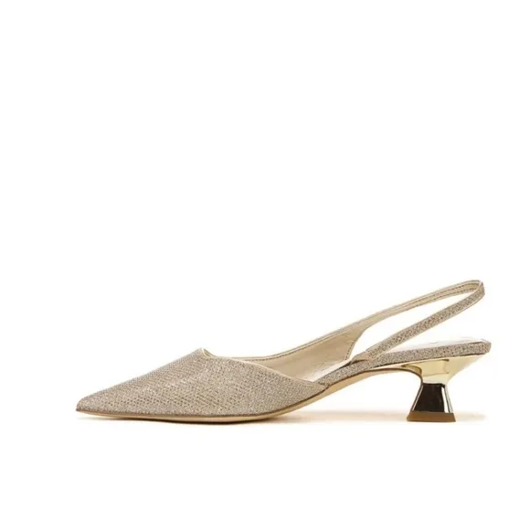 Franco Sarto Women's Devin Pointed Toe Kitten Heel Slingback Pump Gold Sz 7