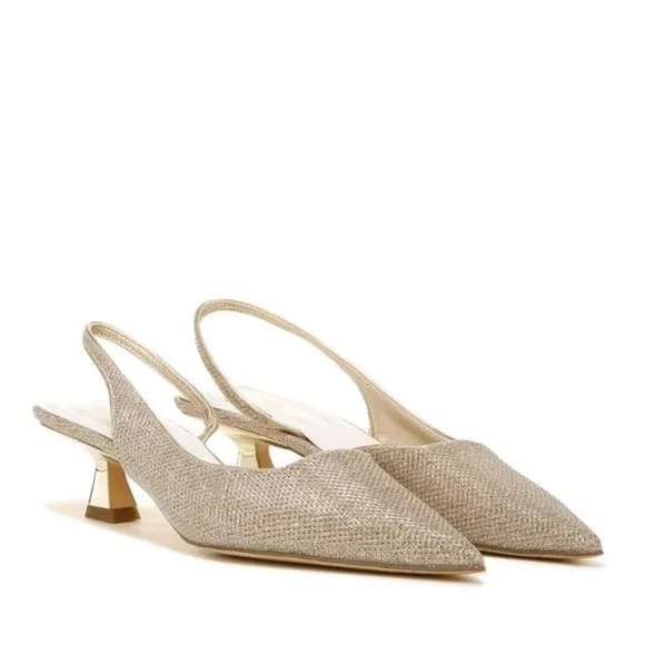 Franco Sarto Women's Devin Pointed Toe Kitten Heel Slingback Pump Gold Sz 7