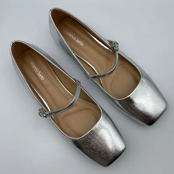 Franco Sarto Tinsley Mary Jane Flat in Silver Faux Leather Size 8