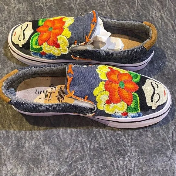 Frida Kahlo Hand Stitched Slip On Tennis Shoes Size 9