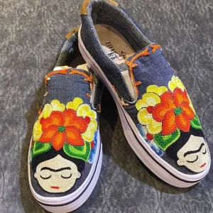 Frida Kahlo Hand Stitched Slip On Tennis Shoes Size 9