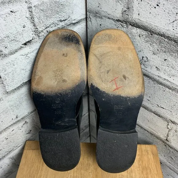 Gucci Vintage 90s Black Patent Leather Square Toe Derby Shoe