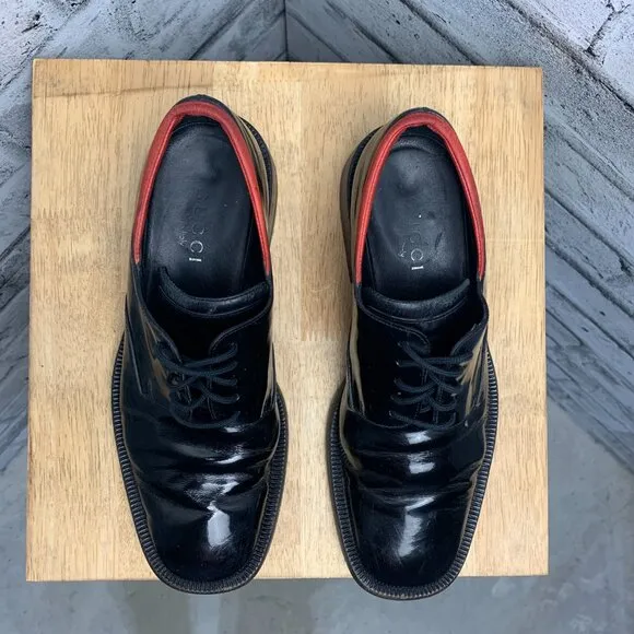 Gucci Vintage 90s Black Patent Leather Square Toe Derby Shoe