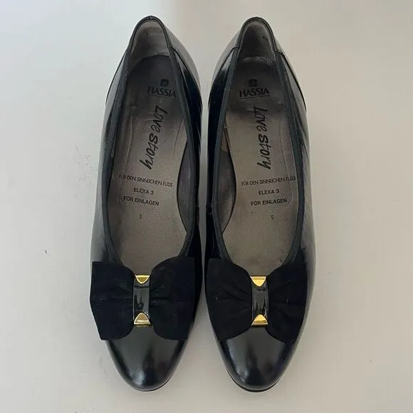 Hassia Love Story Elexa 3 Pumps Black Leather Bow H Width Wide Shoes UK 5 US 7.5