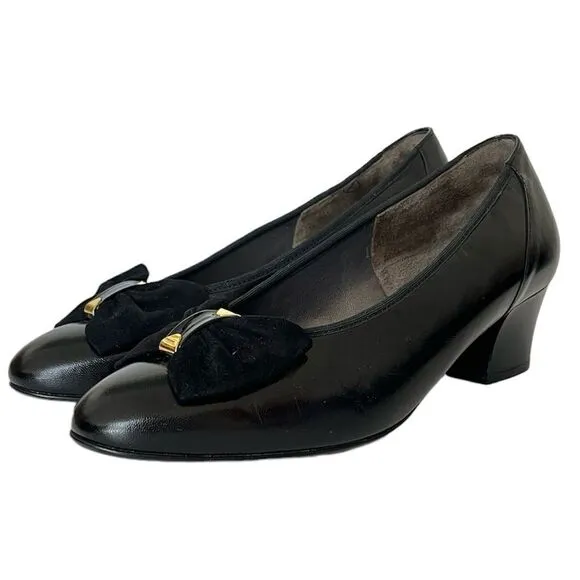 Hassia Love Story Elexa 3 Pumps Black Leather Bow H Width Wide Shoes UK 5 US 7.5