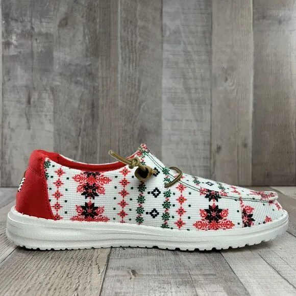Hey Dude Wendy Youth 4 Ugly Sweater Christmas Slip On Loafer Shoe Comfort White