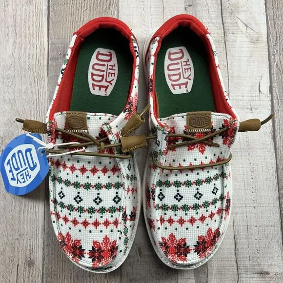 Hey Dude Wendy Youth 4 Ugly Sweater Christmas Slip On Loafer Shoe Comfort White