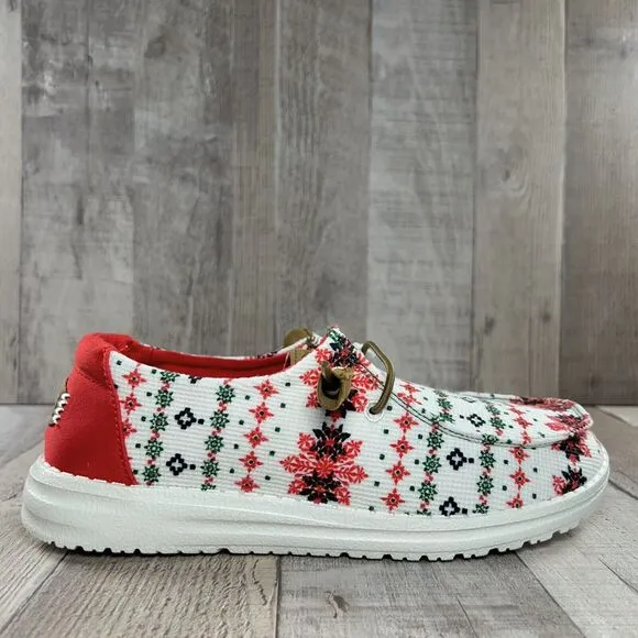 Hey Dude Wendy Youth 4 Ugly Sweater Christmas Slip On Loafer Shoe Comfort White
