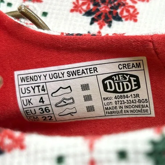 Hey Dude Wendy Youth 4 Ugly Sweater Christmas Slip On Loafer Shoe Comfort White