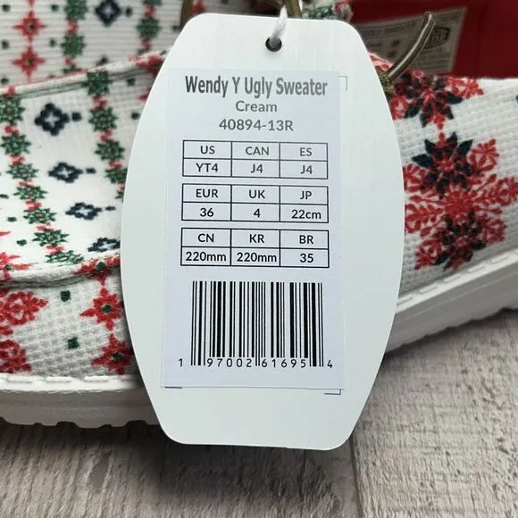 Hey Dude Wendy Youth 4 Ugly Sweater Christmas Slip On Loafer Shoe Comfort White