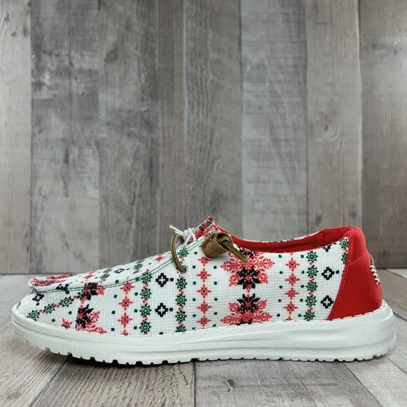 Hey Dude Wendy Youth 4 Ugly Sweater Christmas Slip On Loafer Shoe Comfort White