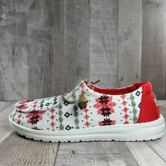 Hey Dude Wendy Youth 4 Ugly Sweater Christmas Slip On Loafer Shoe Comfort White
