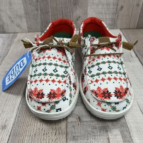 Hey Dude Wendy Youth 4 Ugly Sweater Christmas Slip On Loafer Shoe Comfort White