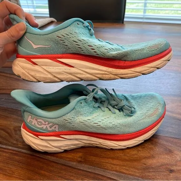 Hoka Clifton 8.5 Women’s Running Shoes Sneakers Blue Aqua Red Regular Width