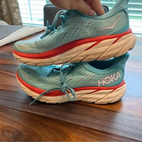 Hoka Clifton 8.5 Women’s Running Shoes Sneakers Blue Aqua Red Regular Width
