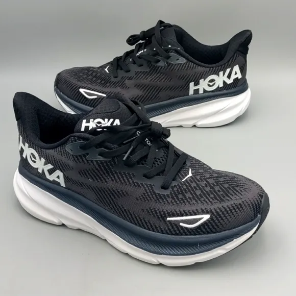 HOKA Clifton 9 Sneakers Black White Lace Tie Running Shoes Men 7 wide (D)