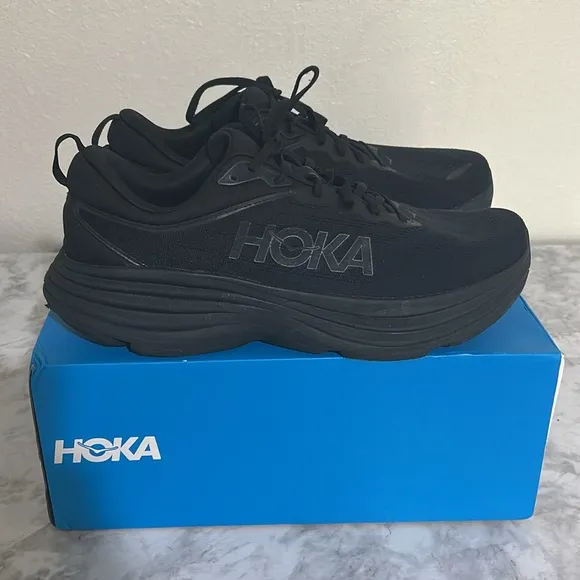 HOKA MENS ATHLETIC SHOES BONDI 8 WIDE ALL BLACK SIZE 14 W