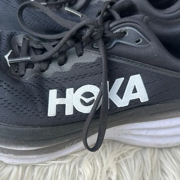 HOKA Men's Bondi 8 Running Sneaker Shoes in Black/White Size 9.5 Wide