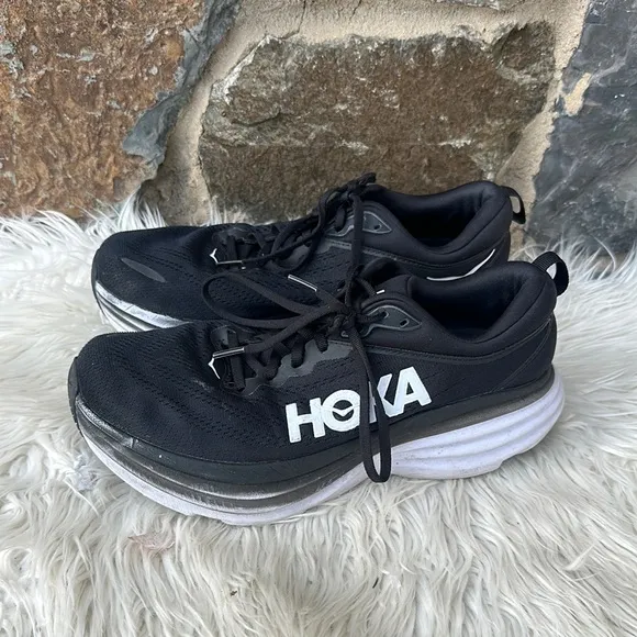 HOKA Men's Bondi 8 Running Sneaker Shoes in Black/White Size 9.5 Wide