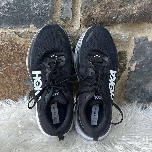 HOKA Men's Bondi 8 Running Sneaker Shoes in Black/White Size 9.5 Wide