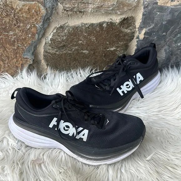 HOKA Men's Bondi 8 Running Sneaker Shoes in Black/White Size 9.5 Wide